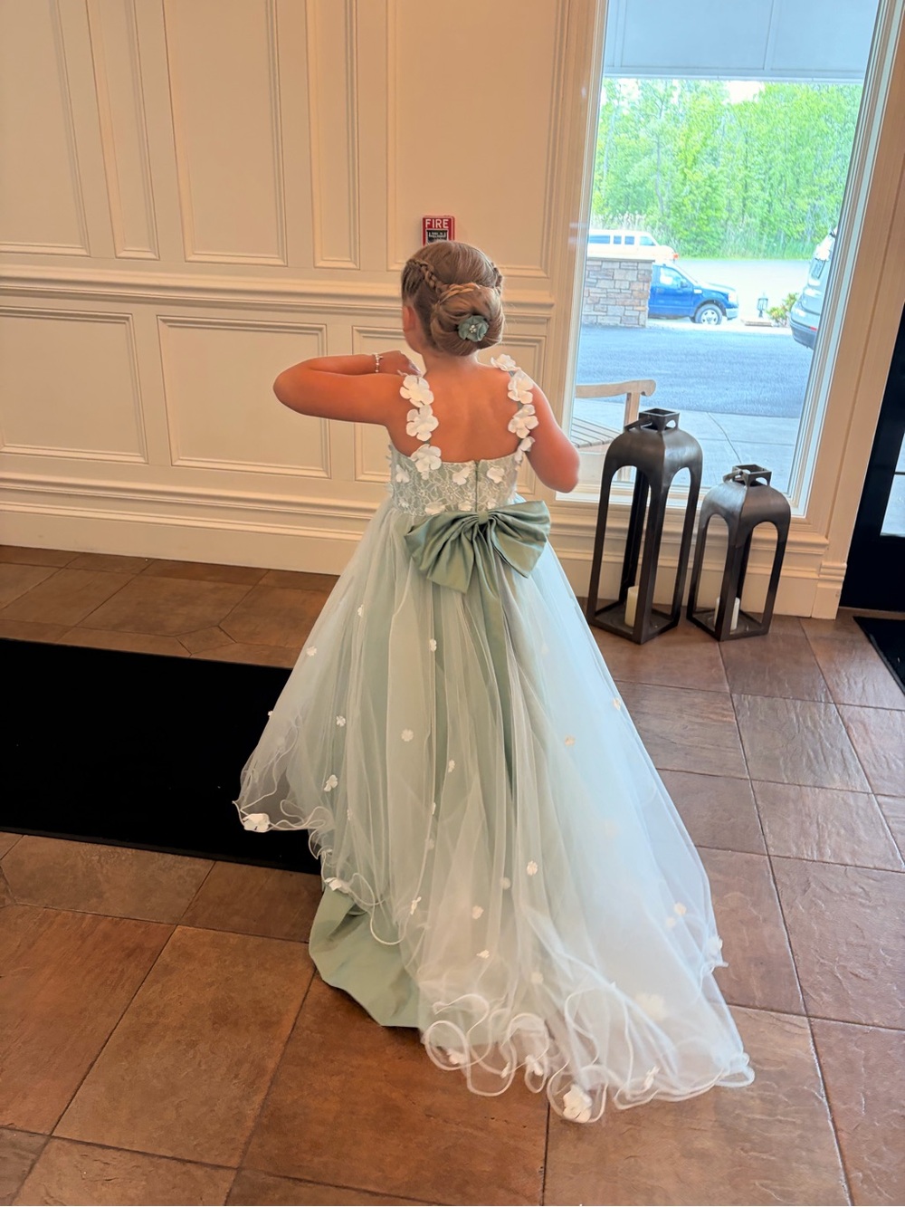 Girls Matach (sage) Green Floral Tulle Party Dress with Bow